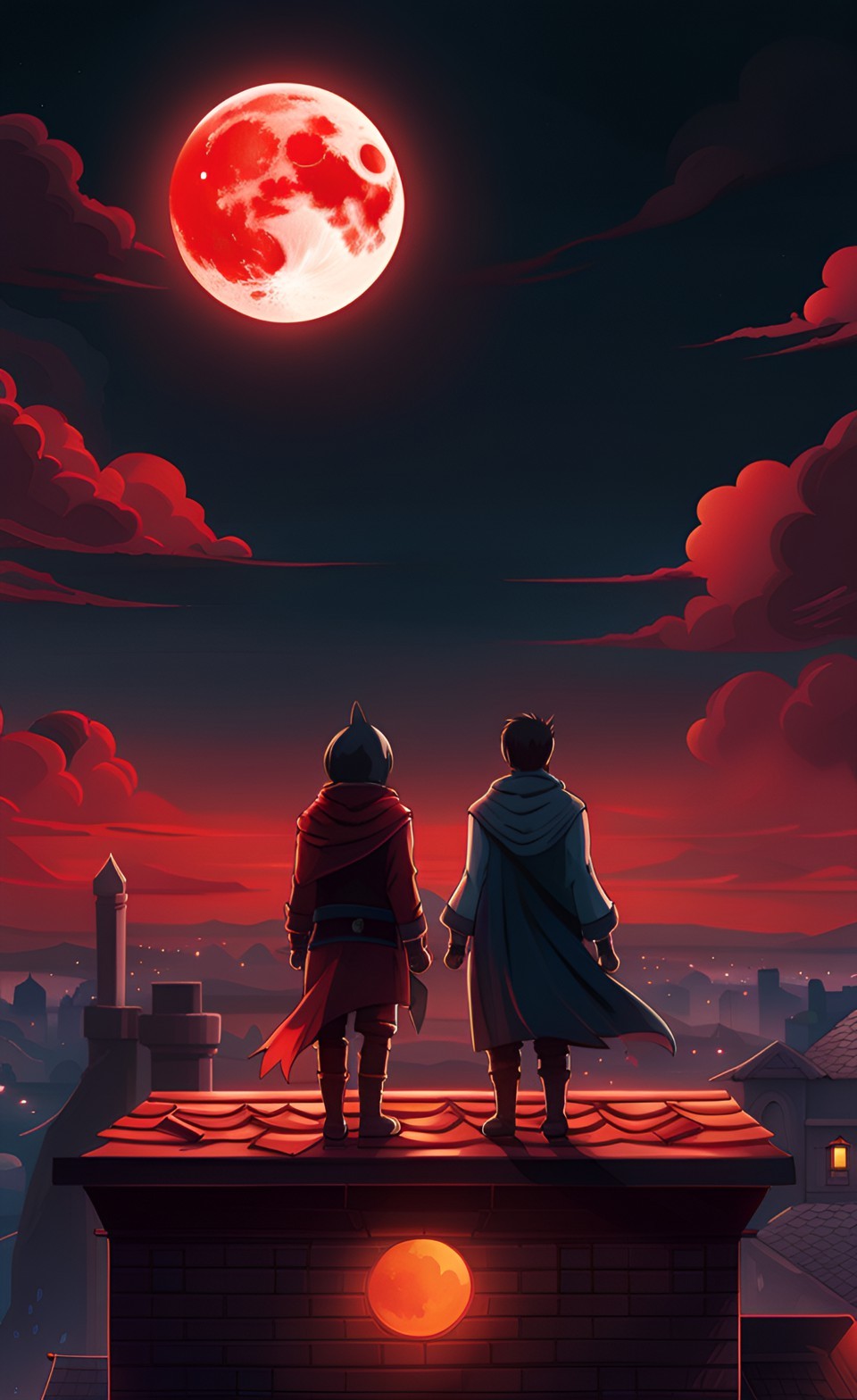 Roofscape Harmony two friends absorb the blood moon aura iPhone Wallpaper 4K