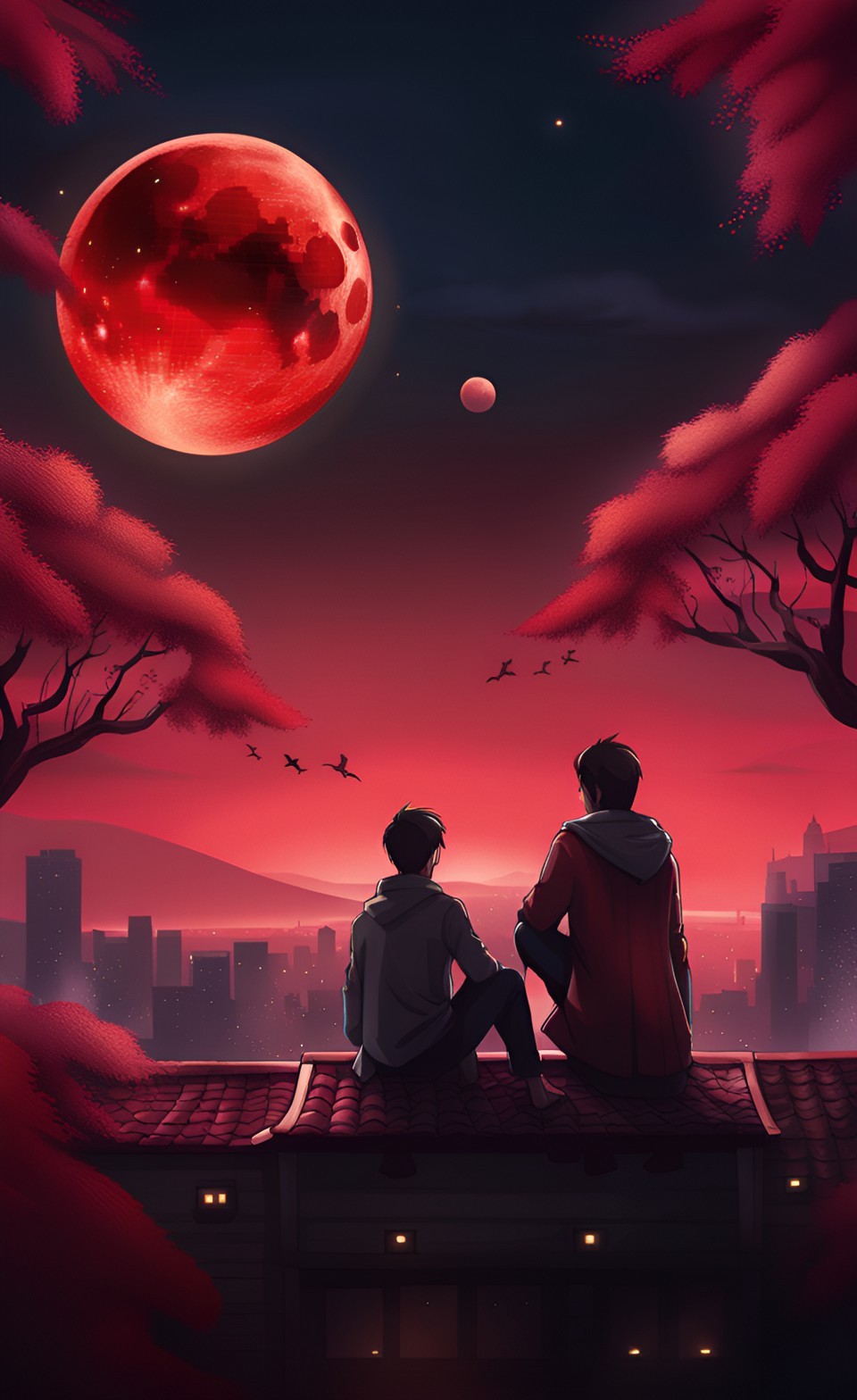 Roofscape Harmony two friends absorb the blood moon aura iPhone Wallpaper 4K