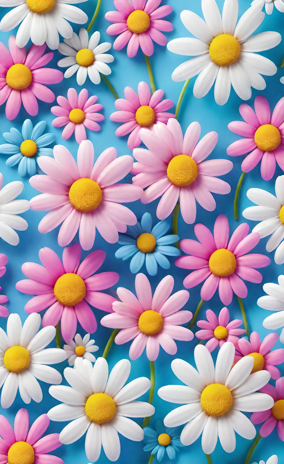 Small Daisies Pink Blue White Colorful Cute Background Wallpaper 4K For Free Download