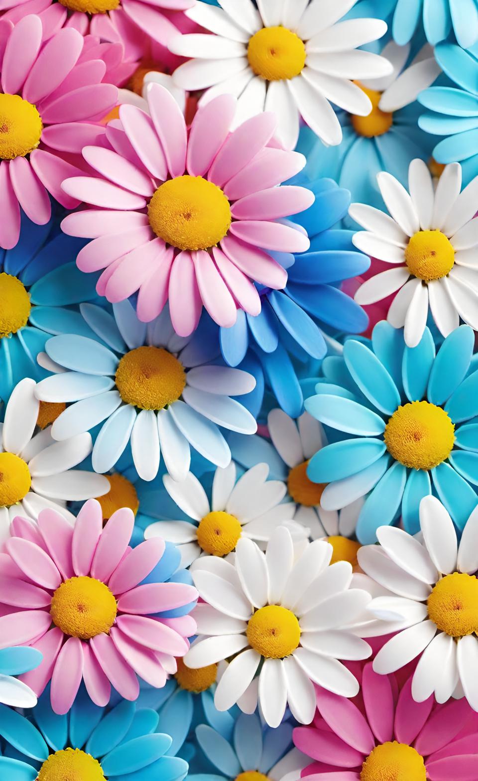 Small Daisies Pink Blue White Colorful Cute Background Wallpaper 4K For Free Download