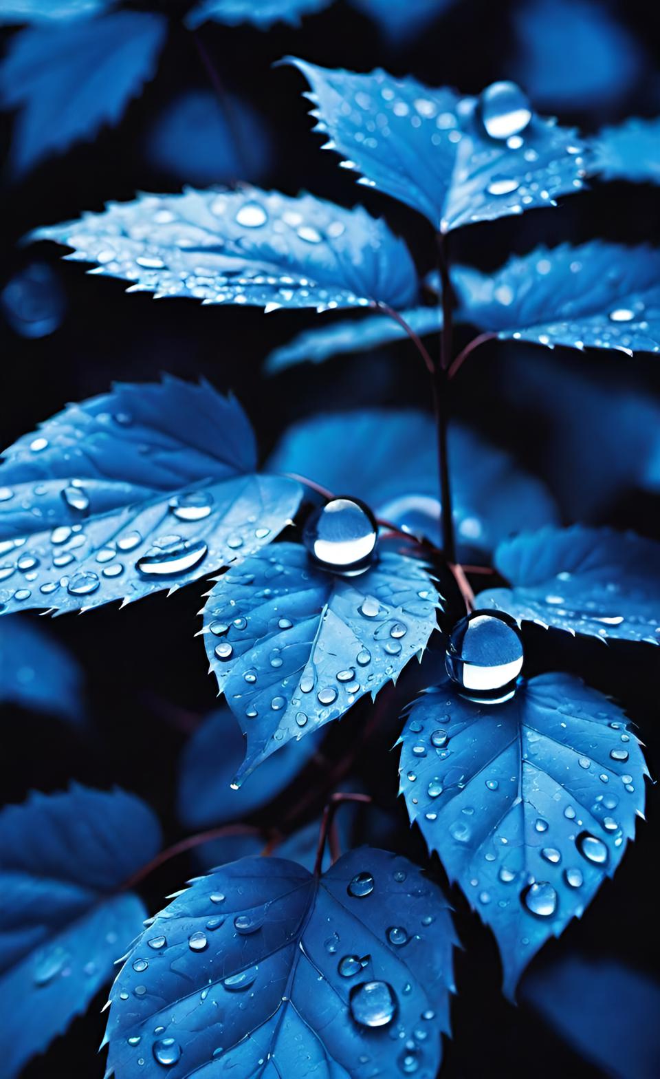 Blue Leafs And Water Drops Wallpaper -  Mavi Yapraklar Ve Su Damlaları Duvar Kağıdı