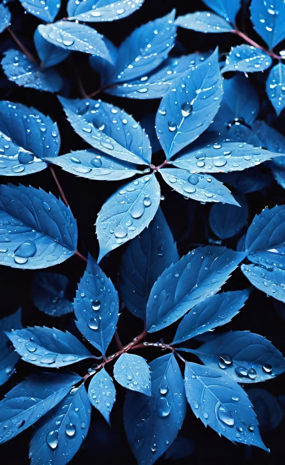 Blue Leafs And Water Drops Wallpaper -  Mavi Yapraklar Ve Su Damlaları Duvar Kağıdı