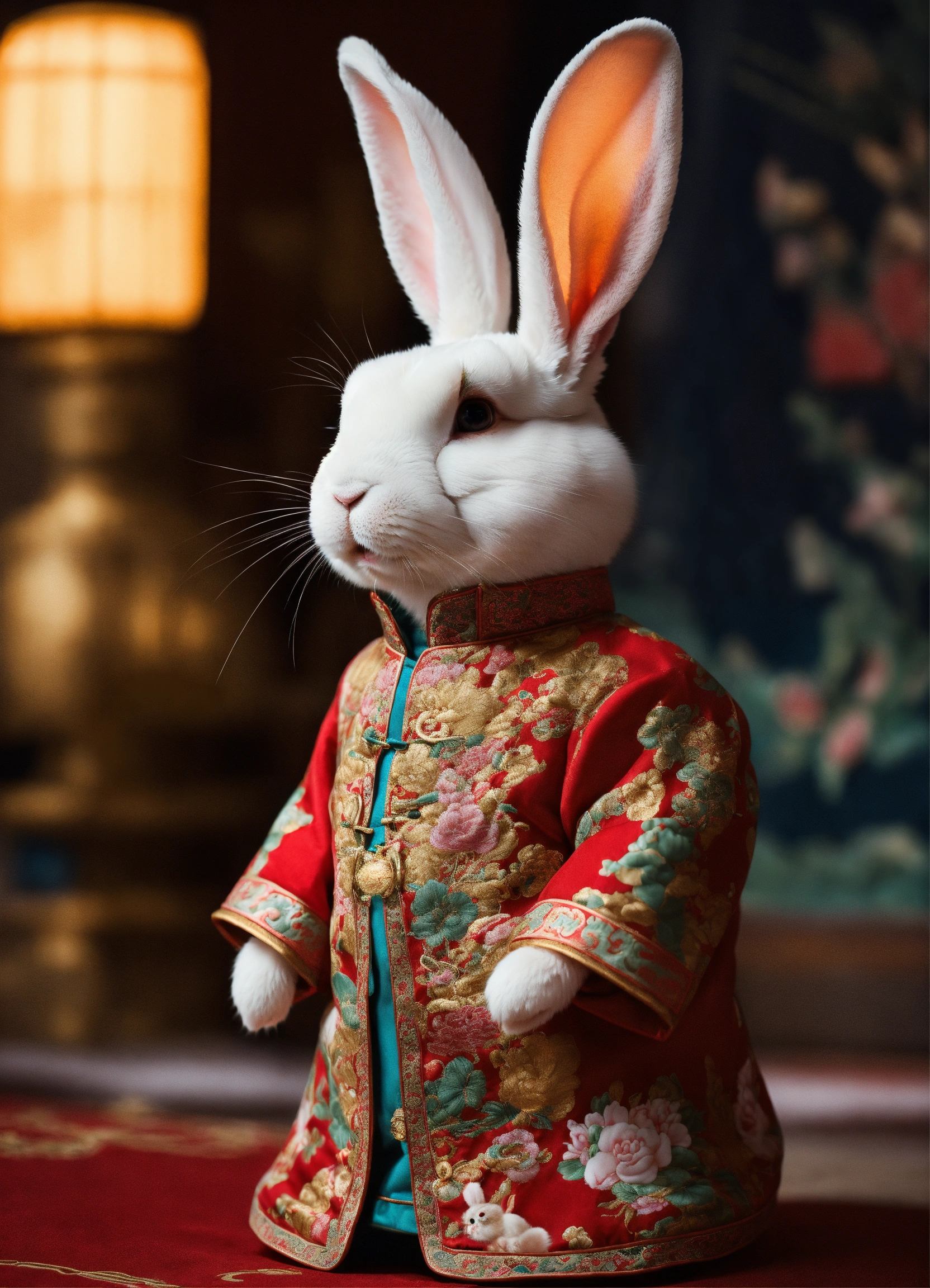 Chinese Regal Rabbit in Traditional Attire Wallpaper 4K