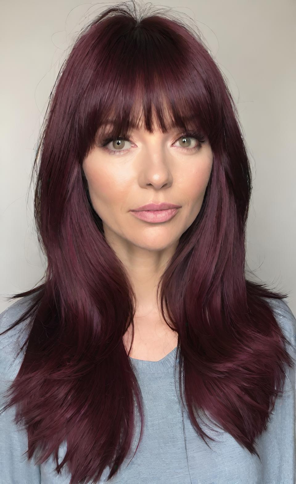 Effortless Burgundy Shag 💕 | Sophisticated Layered Texture & Wispy Bangs Elegance ✨